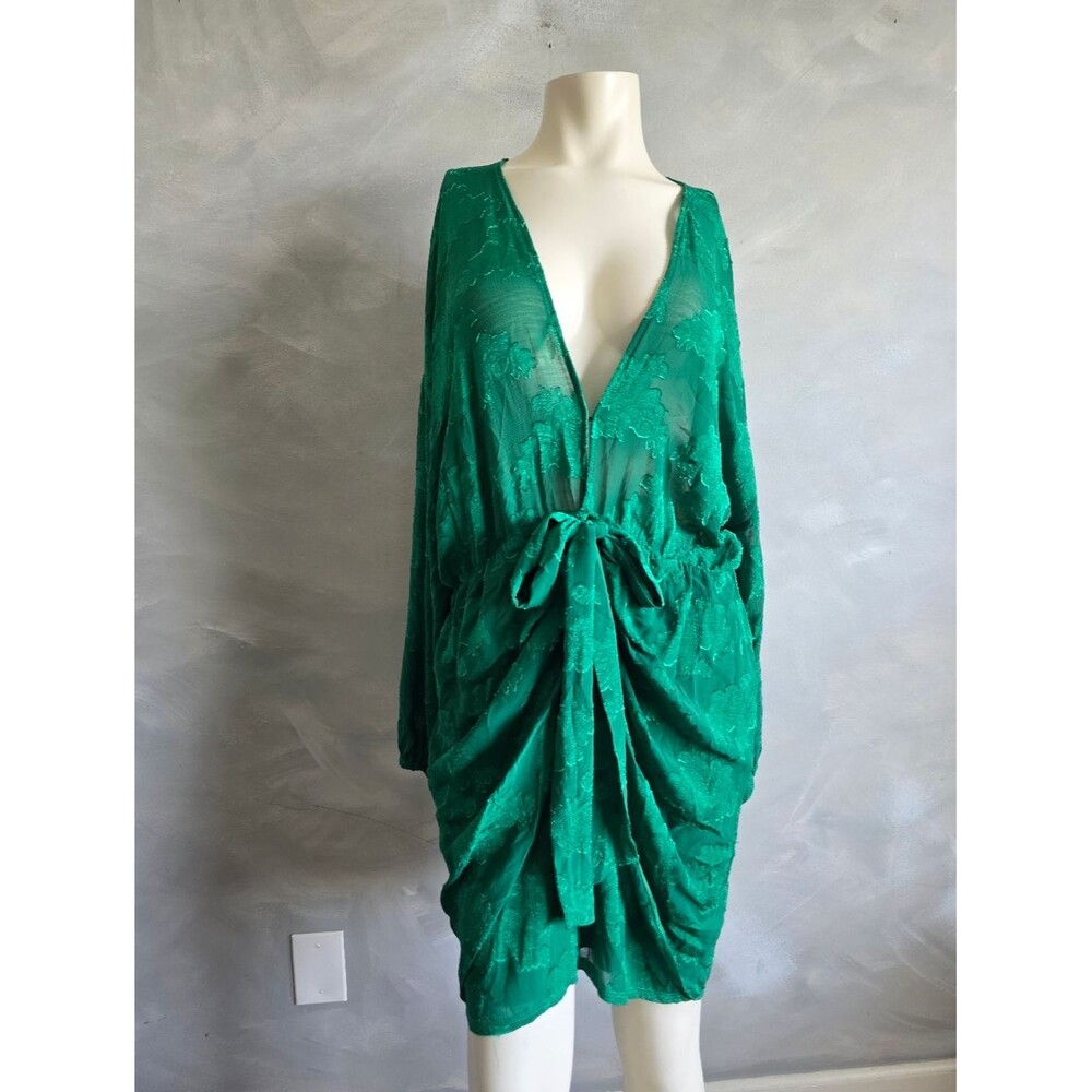 ASOS Design Green Floral Jacquard Plunge Faux Tie Front Mini Dress Sz 14 Balloon